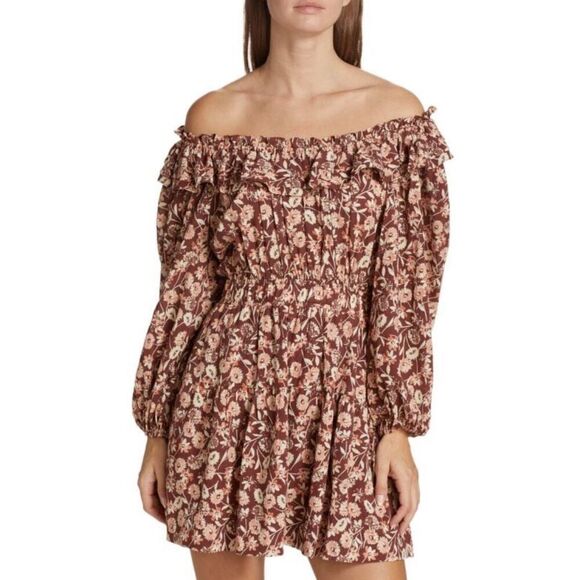 THE WESTSIDE Layla Off Shoulder Mini Dress in Brown Multi NWT Size Medium - Picture 2 of 11